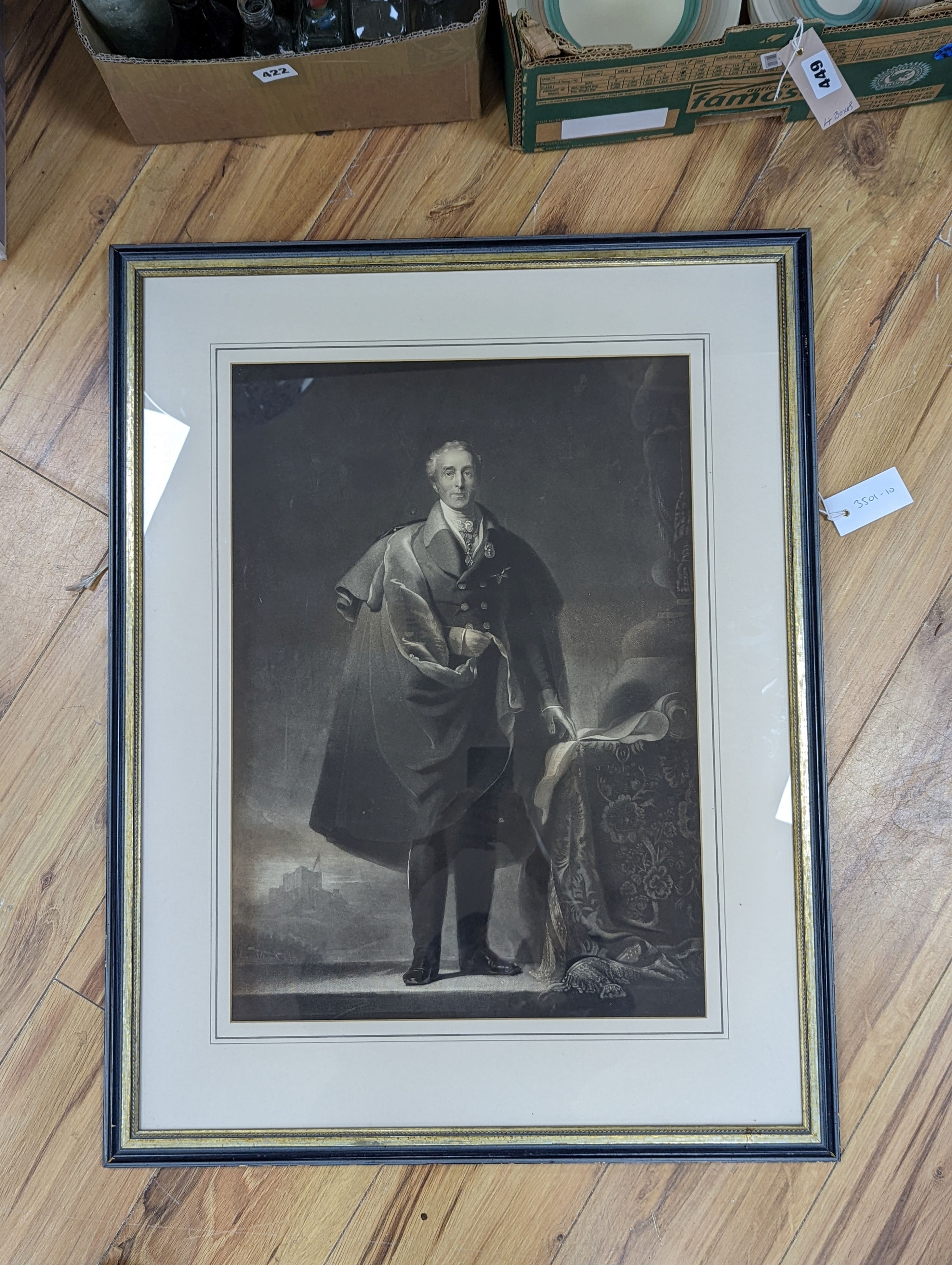 19th Century English School, mezzotint, Full length portrait of the Duke of Wellington, 56 x 40cm